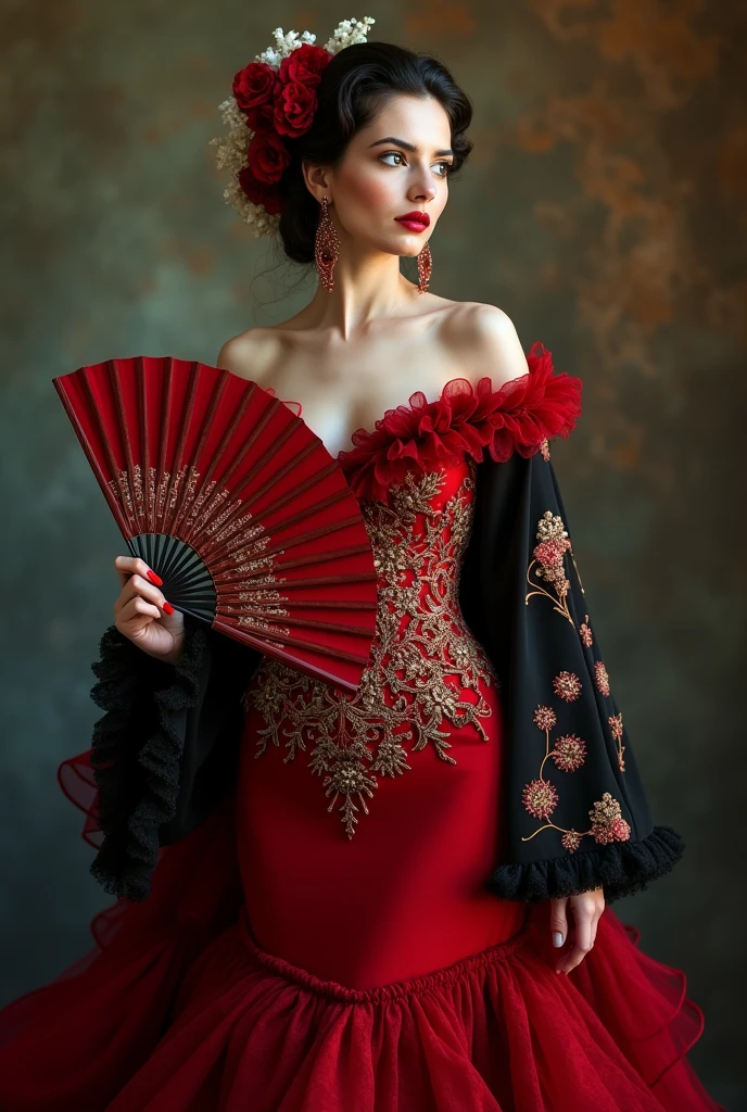 Create an image of a female character inspired by the Spanish flu, dressed in an elegant flamenco dress. The character should have a pale face with slightly rosy cheeks., evoking fever and malaise. Their eyes should be large and pearl grey., with an enigmatic glow. The hair, long and wavy, It should be gathered in a low bun decorated with red and white flowers.. The flamenco dress should be a deep red with curly ruffles that add movement when dancing.. The bodice of the costume should be decorated with gold embroidery imitating patterns of viruses and cells., with white details evoking ancient masks. Includes a black shawl with red and silver embroidery, with small details in the form of leaves. Earrings should be large and fan-shaped with red details., and the shoes must be black patent leather with wooden heels and gold embroidery that imitates microscopic patterns. The character must hold a red fan with gold details that reveal a striped pattern, and wear a red flower in your hair. The character's posture and attitude must be elegant and determined., reflecting a combination of strength and beauty in difficult times.