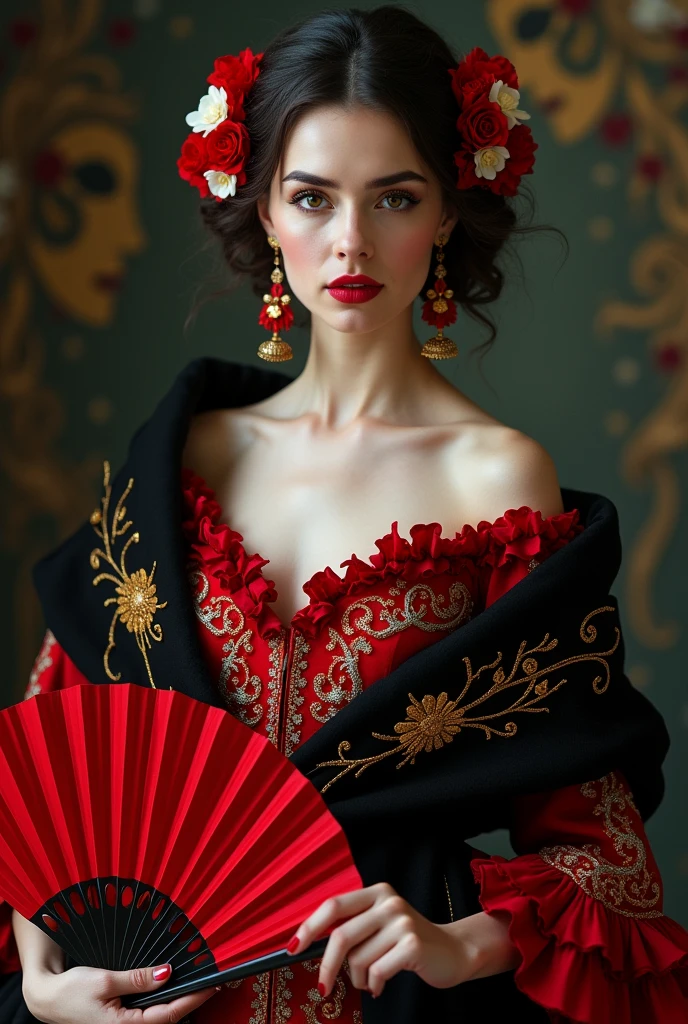 Create an image of a female character inspired by the Spanish flu, dressed in an elegant flamenco dress. The character should have a pale face with slightly rosy cheeks., evoking fever and malaise. Their eyes should be large and pearl grey., with an enigmatic glow. The hair, long and wavy, It should be gathered in a low bun decorated with red and white flowers.. The flamenco dress should be a deep red with curly ruffles that add movement when dancing.. The bodice of the costume should be decorated with gold embroidery imitating patterns of viruses and cells., with white details evoking ancient masks. Includes a black shawl with red and silver embroidery, with small details in the form of leaves. Earrings should be large and fan-shaped with red details., and the shoes must be black patent leather with wooden heels and gold embroidery that imitates microscopic patterns. The character must hold a red fan with gold details that reveal a striped pattern, and wear a red flower in your hair. The character's posture and attitude must be elegant and determined., reflecting a combination of strength and beauty in difficult times.