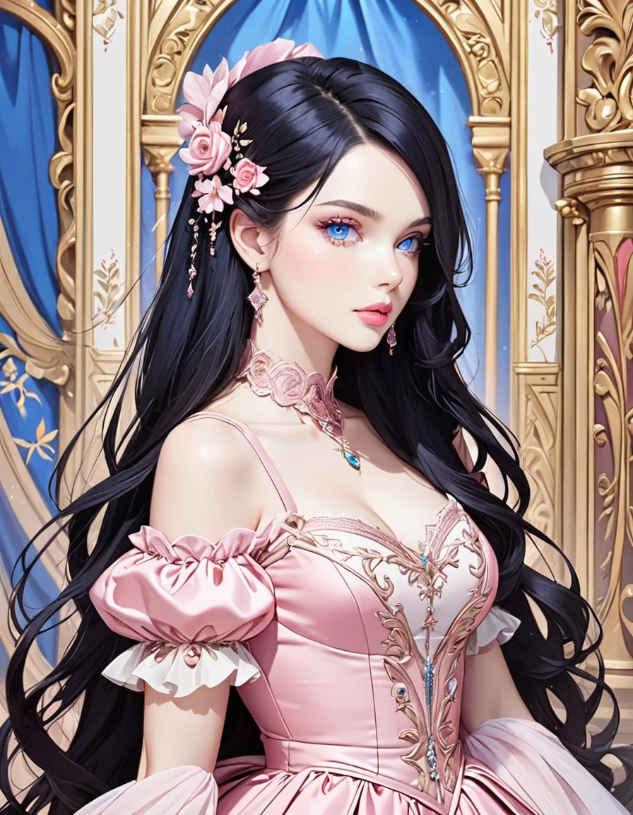 Beautiful woman with long black hair, side-swept bangs, sparkling blue eyes, light pink lips, fair skin. Beautiful renaissance pink dress.