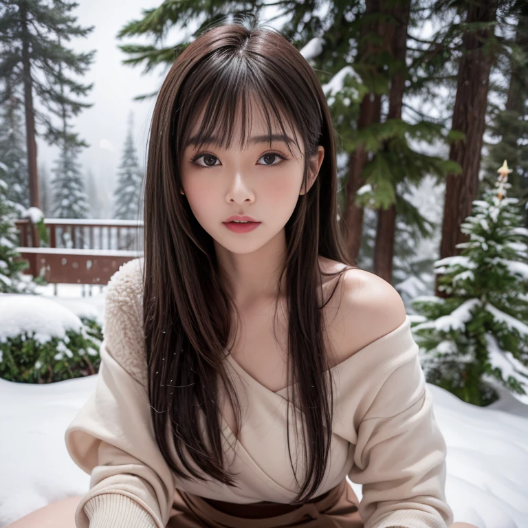 ng skirt,skirt, (knee shot), 1 woman, On the face, light brown hair, blunt bangs, hair behind ears, Hair over the shoulders, long hair, Slender body type, Super thin face, face slimming, delicate lips, beautiful eyes, Thin blush, Eyes are light brown,Check it out here, (realistic:1.3), There is a coniferous forest with heavy snow., It's snowing .One person's perspective, 8k, On the table, north african trade zone, Super detailed, high quality, best quality, High resolution, ,Large Breasts,H CUP