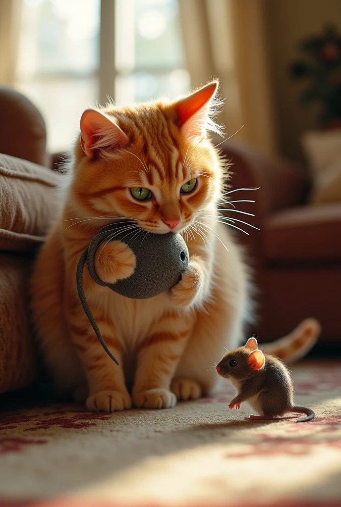 A big orange cat stood holding a gray mouse toy in its mouth. It walked up to the little mouse hiding behind the sofa. The little mouse's eyes were wide open, looking at the cat with a mixture of surprise and fear. It never thought that the cat would bring it a toy.