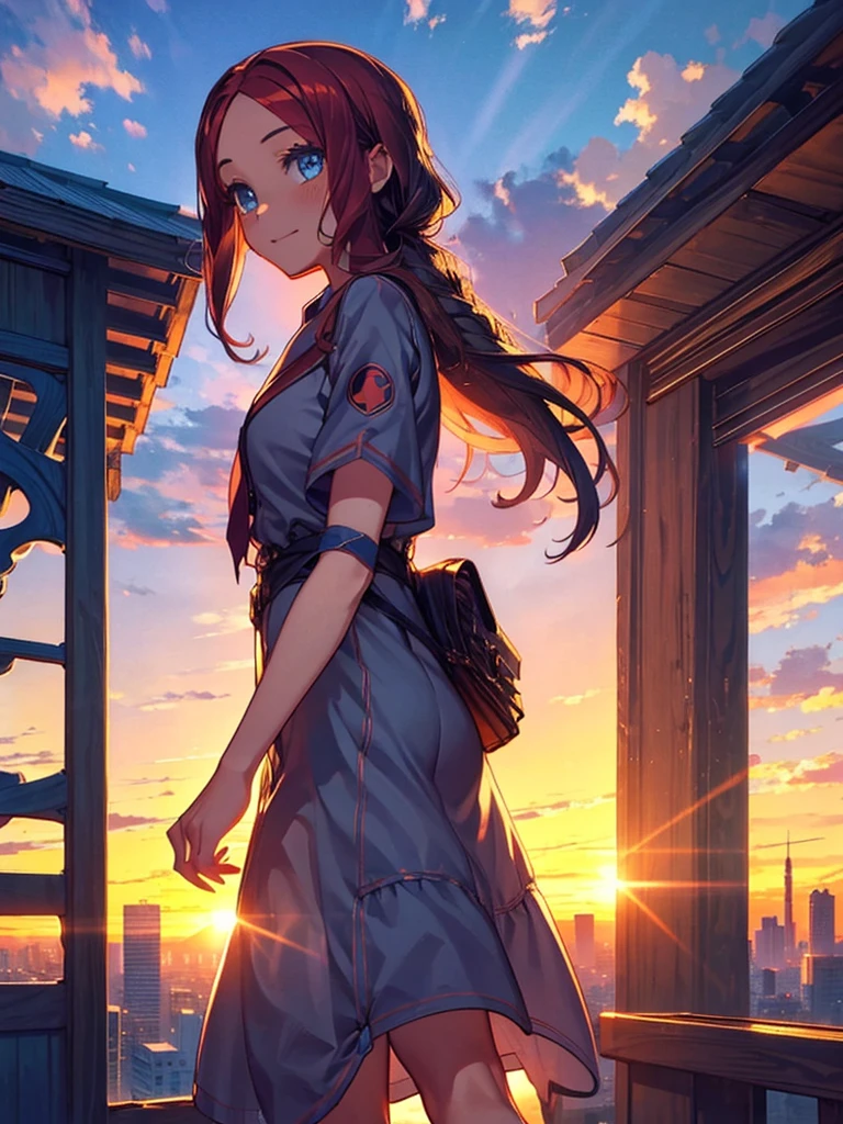 Cityscape, building, Skyline, sunset, Silhouette against a cloud background, meditation. Watching the beautiful sunset, sunset時に, sunset時, sunsetとともに, In the sunset, Nice views, Sunset view, With the sunset, sunset時に, During Golden Hour, looking sunset時に, Sunset in the background, Watching the sunset, Attention,, Very detailed, blue eyes, Redhead, 