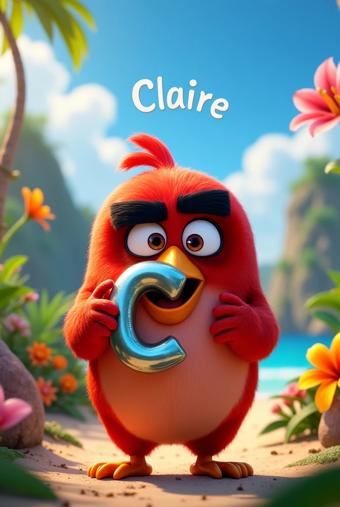 Create an 8k, hyper-realistic, airbrush glossy image of Chuck from "The Angry Birds Movie 2" holding a 3D metallic letter "C." He should be showing it to the viewer with a backdrop of Bird Island, with its tropical environment and vibrant colors. The word Claire in the background