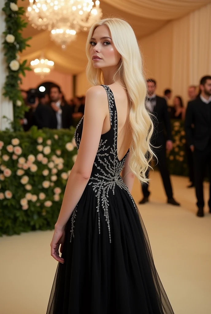 generate photo of an aesthetic looking woman (pale skin, long wavy platinum blonde yellowish hair). wearing a modern black dress with silver embellishment, posando au (met gala scenario), (angle: fully body) au