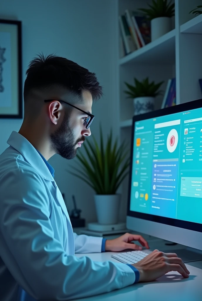 doctor writing a prescription on computer show doctor face and computer interface also
