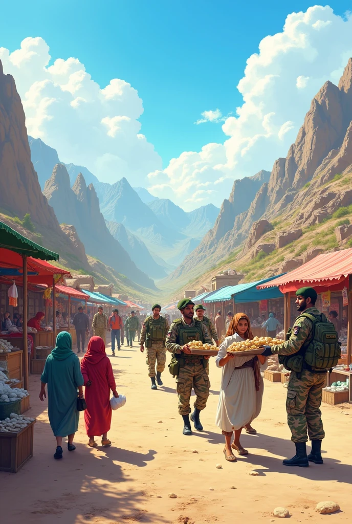 Civil-Military Relations:

"Illustrate the interaction between the Pakistani Army and civilians. Show collaborative efforts, community support, and the impact of military presence in civilian life."