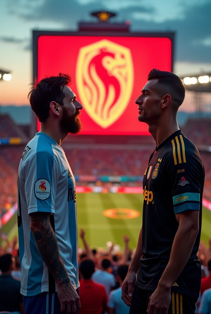 Messi and Cristiano Ronaldo looking at the Flamengo shield 
