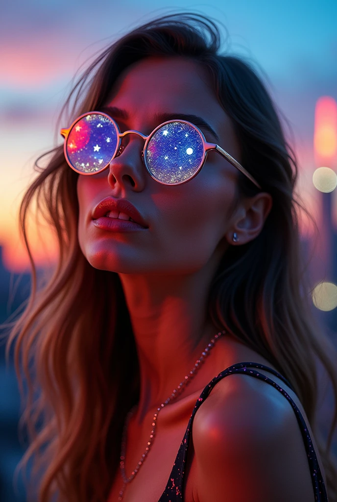 The model is wearing glass sunglasses with stars and the moon on the glass