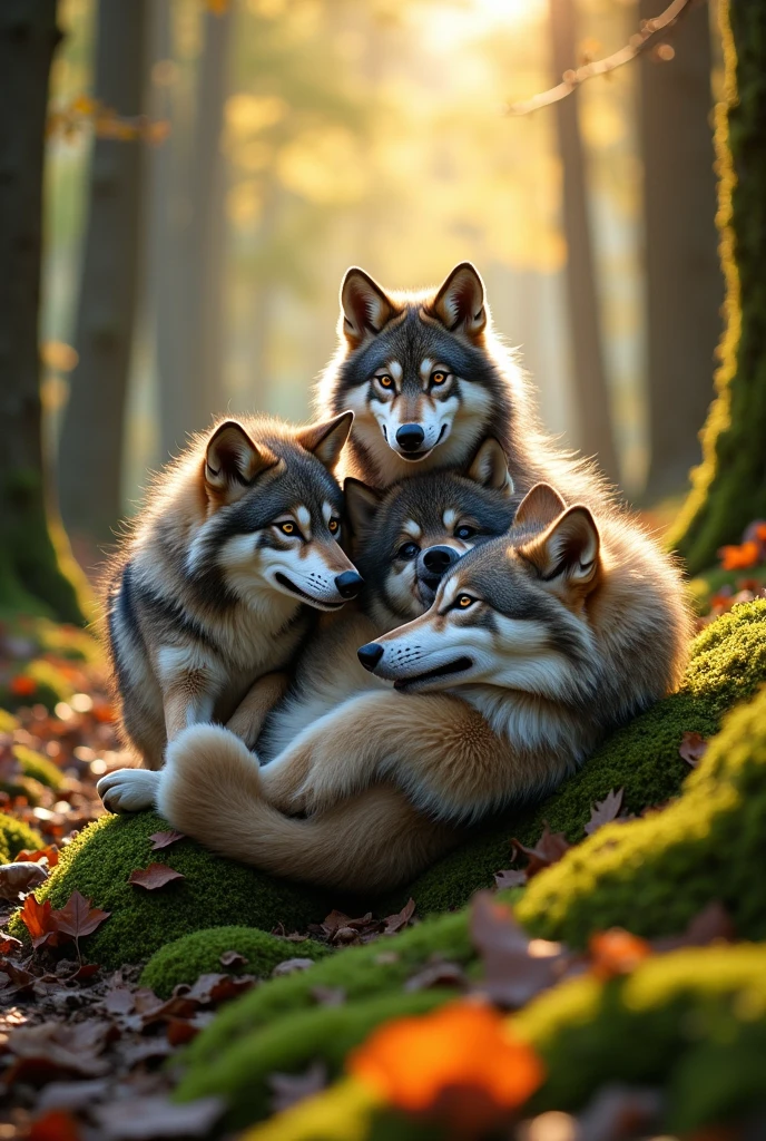 Image of multiple wolves curled up into a ball and rolling down a slope in the forest