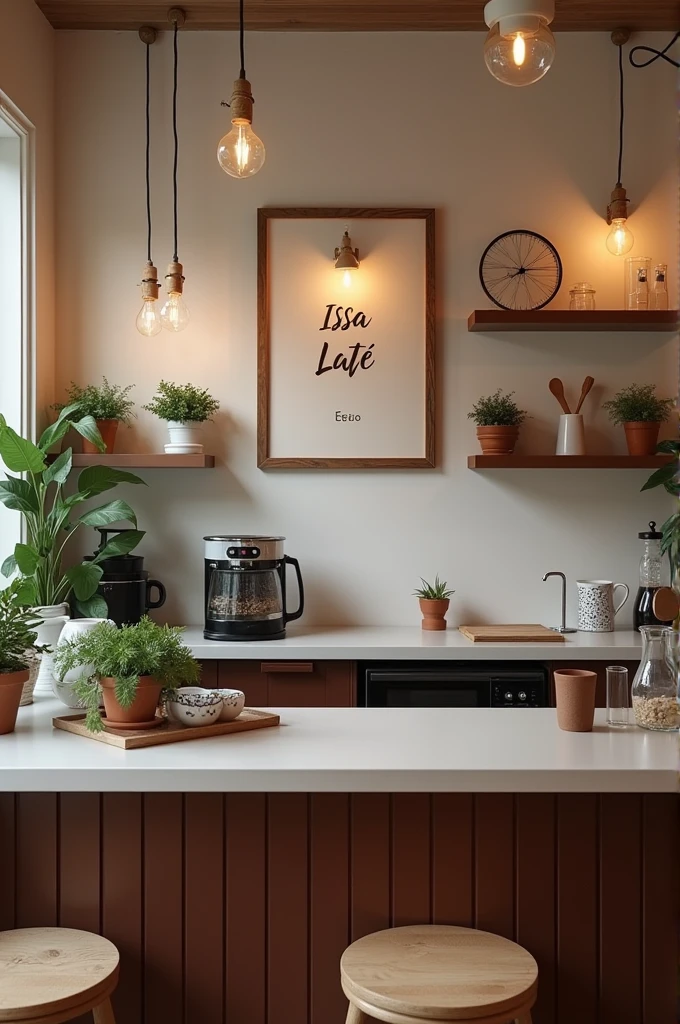 Can you create me a simple minimalist coffee shop with a touch of chocolate brown and white color with pretty lights and small decoration. Also, put a unique sign with it name "Issa Laté". Make it cozy and simple