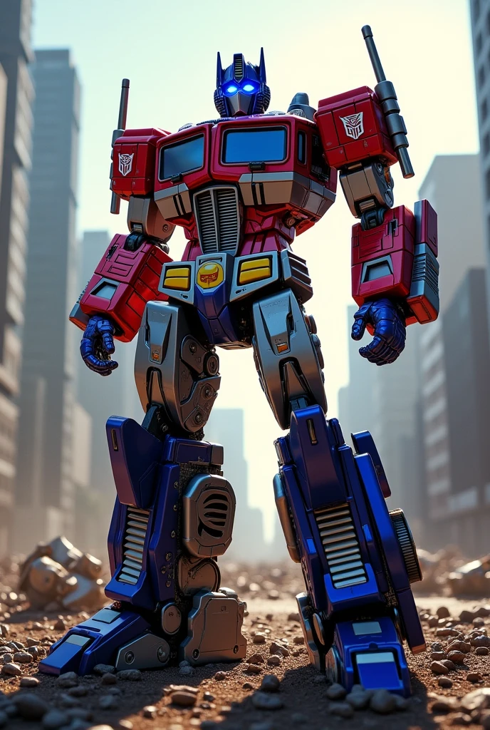 Very much realistic optimus prime with shiny glowy eyes and glowy metallic colours. Keep it very realistic.he is standing with attitude and slightly tilted and the colours of optimus prime is more bold and shiny and more more realistic glowy eyes. The body should be in an action type. Like he is attacking or defending himself . Zoomed out it. 

