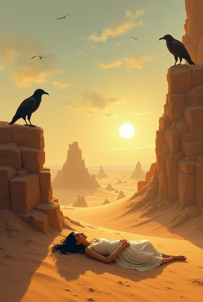 Sasi dying in the desert but his eyes waiting for her beloved Punoo. Vulture are waiting to eat her after dying. Sasi was a female and Punoo was her beloved. It is a folk tale from the Pakistan. Please one more image with a image of beloved Punoo so far from her.