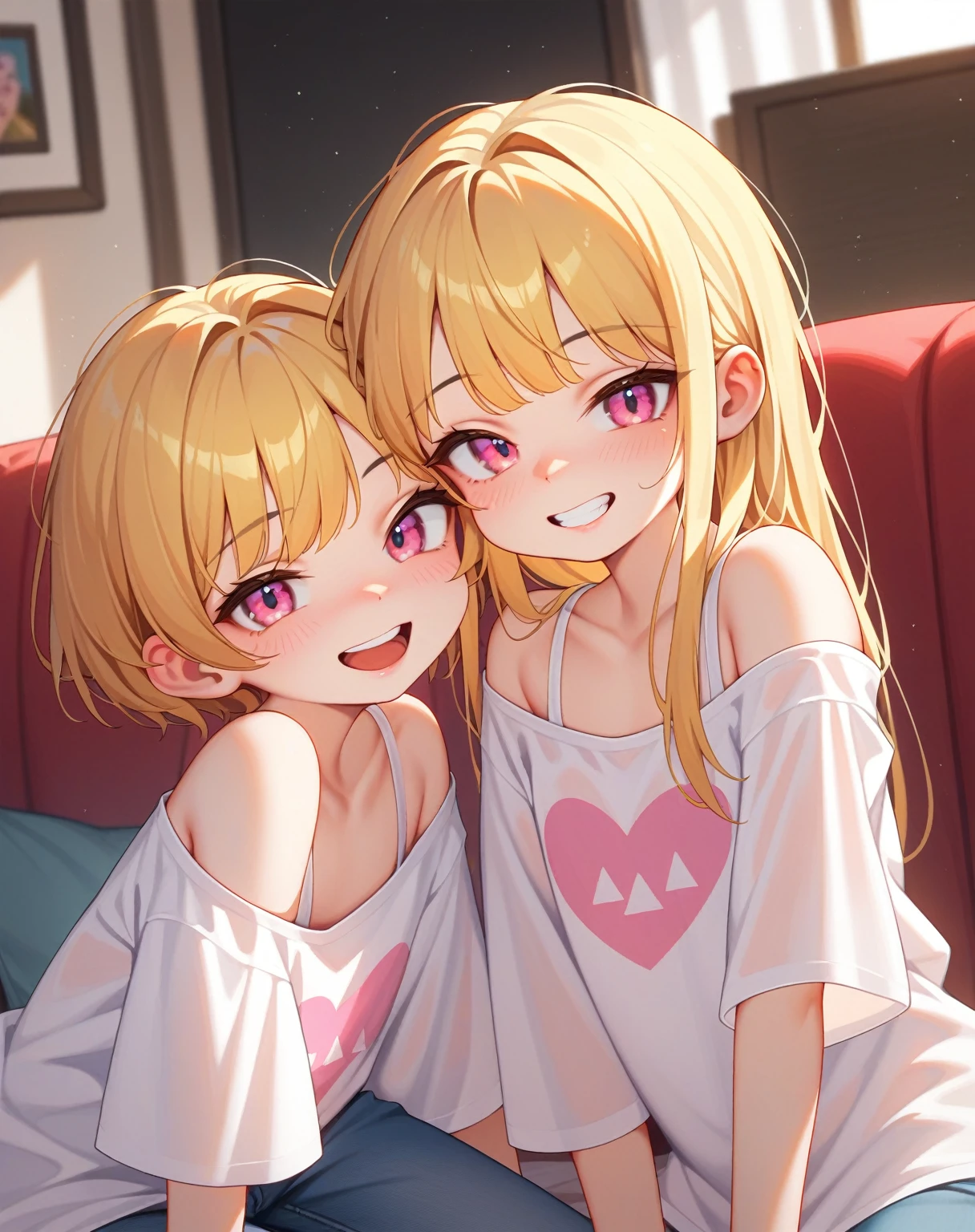 score_9,score_8_superior,score_7_superior,score_6_superior,score_5_superior,score_4_superior 、8k,Highly rated on Pixiv, Very naughty,Familiar attitude、Lean forward、The appearance of young Japanese women,White of the eye、Double teeth、Flat Chest、Broad shoulders、Golden hair color、Long Hair、Short hair with outward curls、Pink eyes、Heavy bangs、Baggy shirt、NSFW,In the living room、evening、Culotte pants、superiorから、Face close-up