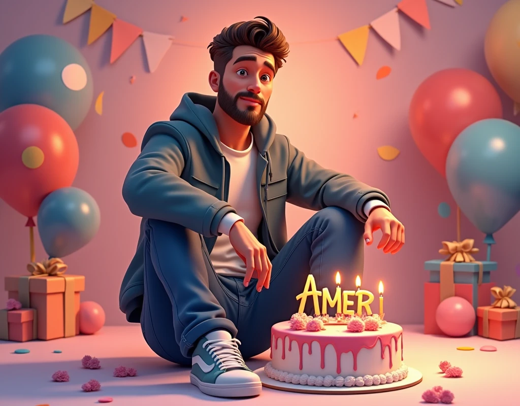 3D illustration of a man sitting casually down in front of a cake . The character must wear casual moder clothing such as jeans jackets and sneakers shoes. The background of the image is a party theme. Write 'A M E E R' on the birthday cake. Make sure the text is not misspelled. His age is 34
