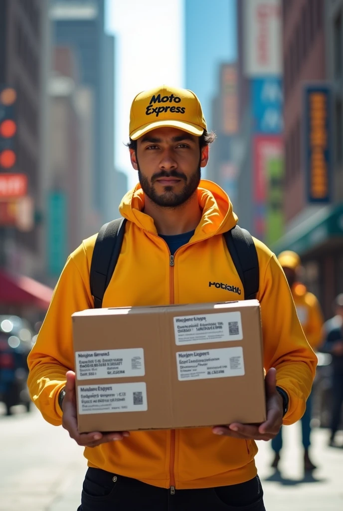 Messenger with cap that says Moto Express Delivering a home address
