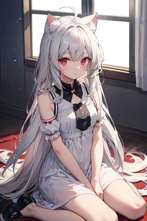 One person, solo, Long Hair, High resolution, chest, とてもLong Hair, Gray Hair, Ahoge, High resolution, masterpiece, Highest quality, Simple Background, Red eyes, Cat ear hood、Open your mouth a little, Inside the Jail、White dress、noble、Lady、Sitting on the floor、Light shines in like a spotlight from the only window