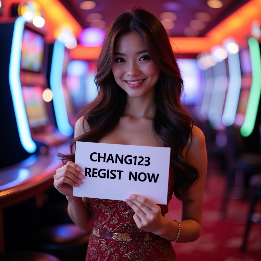 Sexy thailand girl with wavy long hair, wearing thailand traditional dress, holding a white board with text "CHANG123 REGIST NOW" and showing it to the viewer, realistic anime, casino background, standing behind poker table between slot machines, big breast cleavage, upper body, gambling environment, magazine cover