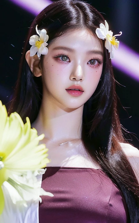 un primer plano de una mujer con una rosa roja en el pelo, ((purple eyes)), jossi de blackpink, ruan jia beautiful!, jennie rosa negro, parque roseanne de blackpink, ayami koj ima, kiko mizuhara, sakimichan, hana alisa omer, portrait of jossi de blackpink, kim jung giu, sakimichan frank franzzete, jisoo from blackpink, popular south korean makeup, quality detailed ,(beautiful makeup :1.2), Wide hips, big, big ass, (best quality, 8K, masterpiece: 1.3), Clear focus: 1.2, Perfect body beauty: 1.4, strong abs, Very detailed face and skin texture. , detailed eyes, double eyelids, (long hair), having very marked curves, with greater volume in ((hips and breasts)), which makes the waist look much smaller ((wasp waist)).