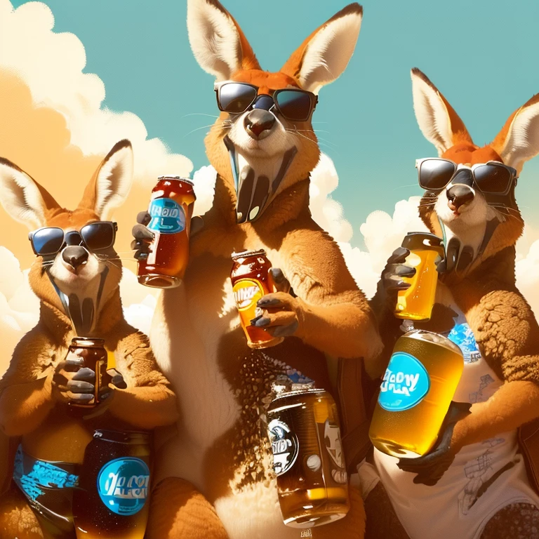 three kangaroos with sunglasses and beer bottles in their mouths, spy kangaroo, subject: kangaroo, subject : kangaroo, cool marketing photo, on a hot australian day, beer advertisement, (((luke chueh))), kangaroos, “hyper realistic, kangaroo, having a cool , fosters, coka-cola advertisement, by Glen Angus, hypperrealistic illustration, australian