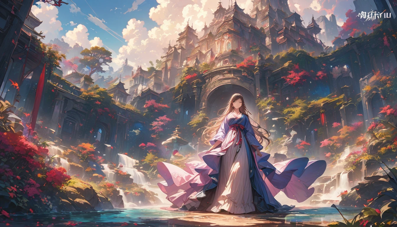 a girl, Hanfu, whole body, Sunlight, Clear face, , masterpiece, Super detailed, epic work, Ultra high quality, high quality, Very detailed, official art, 8k wallpaper, Super detailed, 32K