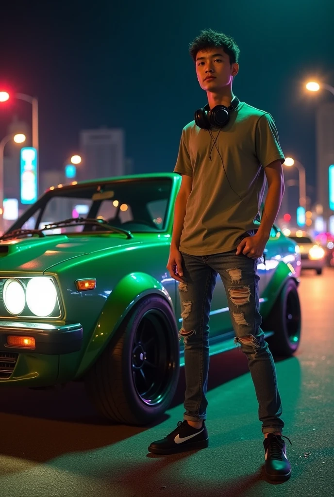 (photorealism:1.2), handsome Young man is holding a cigaretes on his finger, t-shirts and tight scars jeans, standing beside his modified toyota starlet car(glossy green), smoked, the traffic lights and marks, low angle camera shots, headphones on his neck, black nike sneakers, car lights in the streets at nights