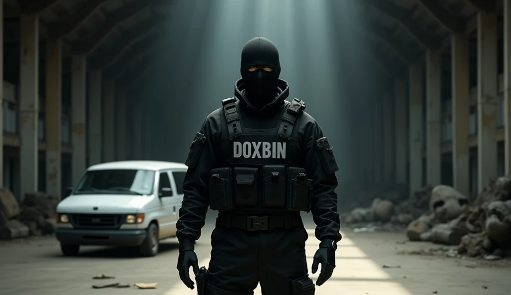 Photorealistic photograph of a modern military man in an all-black uniform. It stands in an abandoned hangar., illuminated by a single, slightly dim spotlight, directed at him. His bulletproof vest is emblazoned with the words “DOXBIN” in large white letters.. The atmosphere is tense, full of mystery, with a sense of hidden danger. details: a soldier holds an assault rifle in his hand, his face is hidden under a black mask, the remains of military equipment are scattered on the floor. Behind him, in shades, there is a white minivan with fully tinted windows.