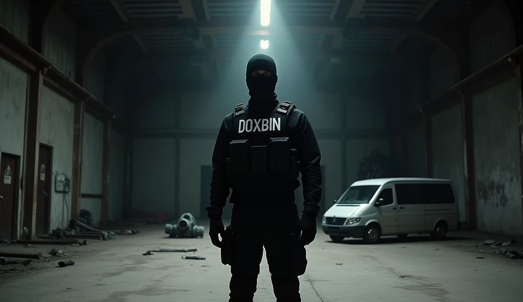 Photorealistic photograph of a modern military man in an all-black uniform. It stands in an abandoned hangar., illuminated by a single, slightly dim spotlight, directed at him. His bulletproof vest is emblazoned with the words “DOXBIN” in large white letters.. The atmosphere is tense, full of mystery, with a sense of hidden danger. details: a soldier holds an assault rifle in his hand, his face is hidden under a black mask, the remains of military equipment are scattered on the floor. Behind him, in shades, there is a white minivan with fully tinted windows.