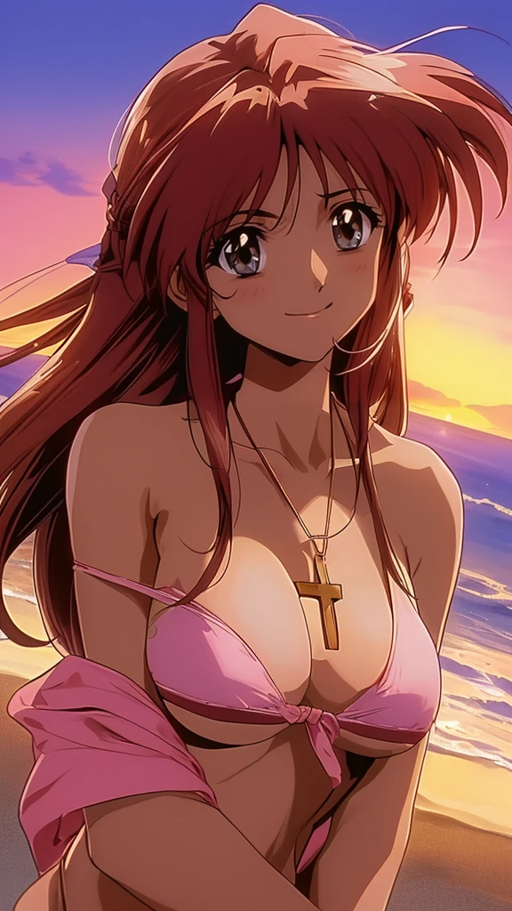 HinomoriAzusa, One person, alone, Brown Hair, Long Hair, ribbon, smile, Beautiful dark green eyes, hair ribbon, ((Pink cross design one shoulder bikini:1.4), (On the beach at sunset, she holds a locket pendant close to her chest and smiles at the viewer:1.1)), liar, masterpiece, expensive quality, very_expensive_solve, big_file size, Full Color, (cinematic angle:1.1, upper body:1.3)