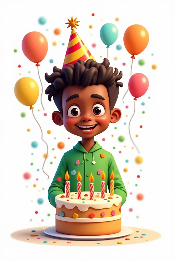 Young dark-skinned man dressed in green with balloons blowing a cake and with a hat on his head animated cartoon without beard blowing on white background