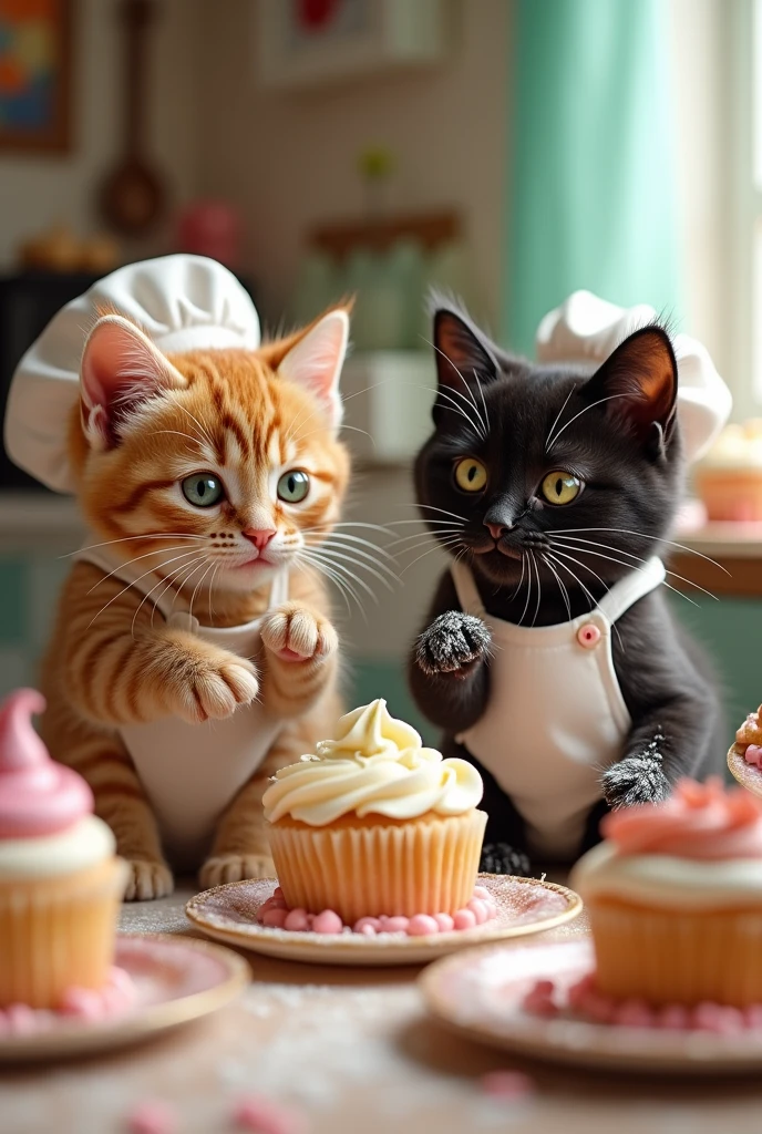 Kitten pastry chefs making cakes。Brown tabby and black cat。Squeeze the cream。
