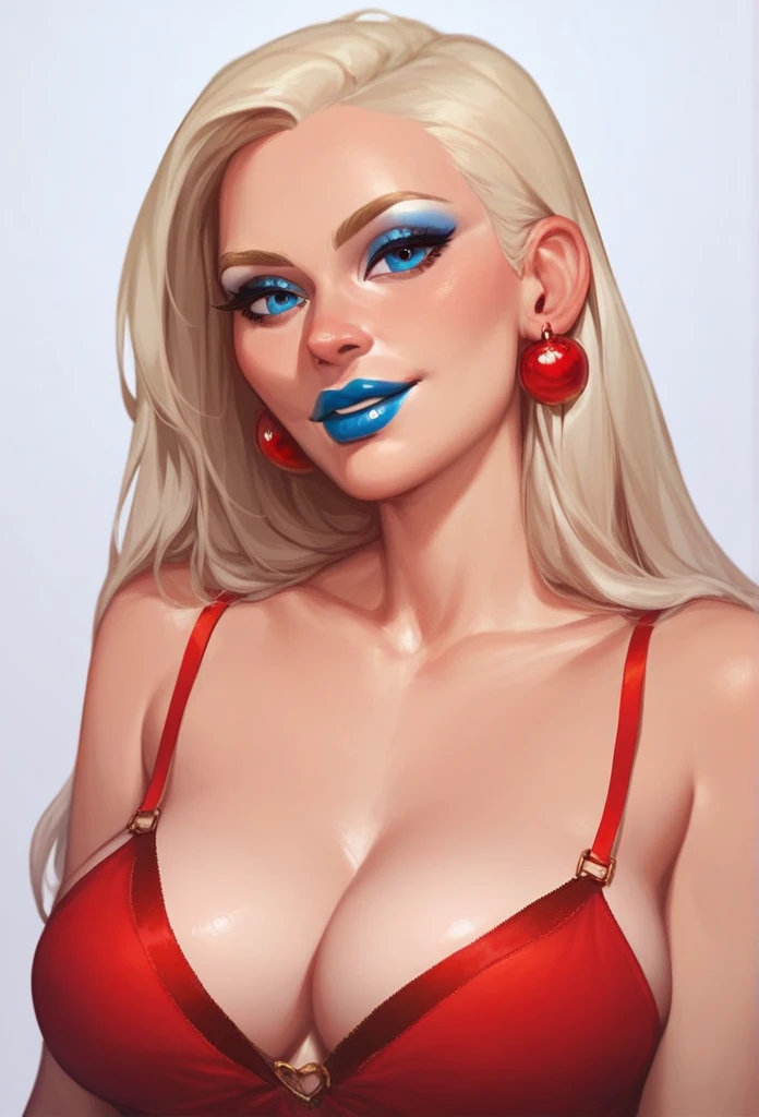 18 year old young woman. hair blue, blue eyes and wearing blue lipstick. She is wearing a red nightgown dress. Lipstick is smudged. perspiring.