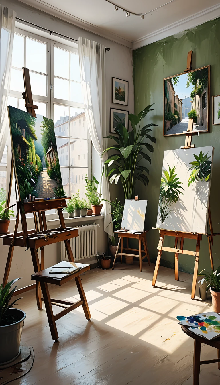 paintings hang on the walls,easel, paintings, abstraction, minimalism, artist's studio, artist's workshop, brushes, paints, chair near the easel, window to the street,White curtains fluttering,There are many green plants arranged in the room, 8k, hyperrealism, masterpiece, high resolution, best quality, ultra-detailed, super realistic, Hyperrealistic art, high-quality, ultra high res, highest detailed, lot of details, Extremely high-resolution details, incredibly lifelike, colourful, soft cinematic light,