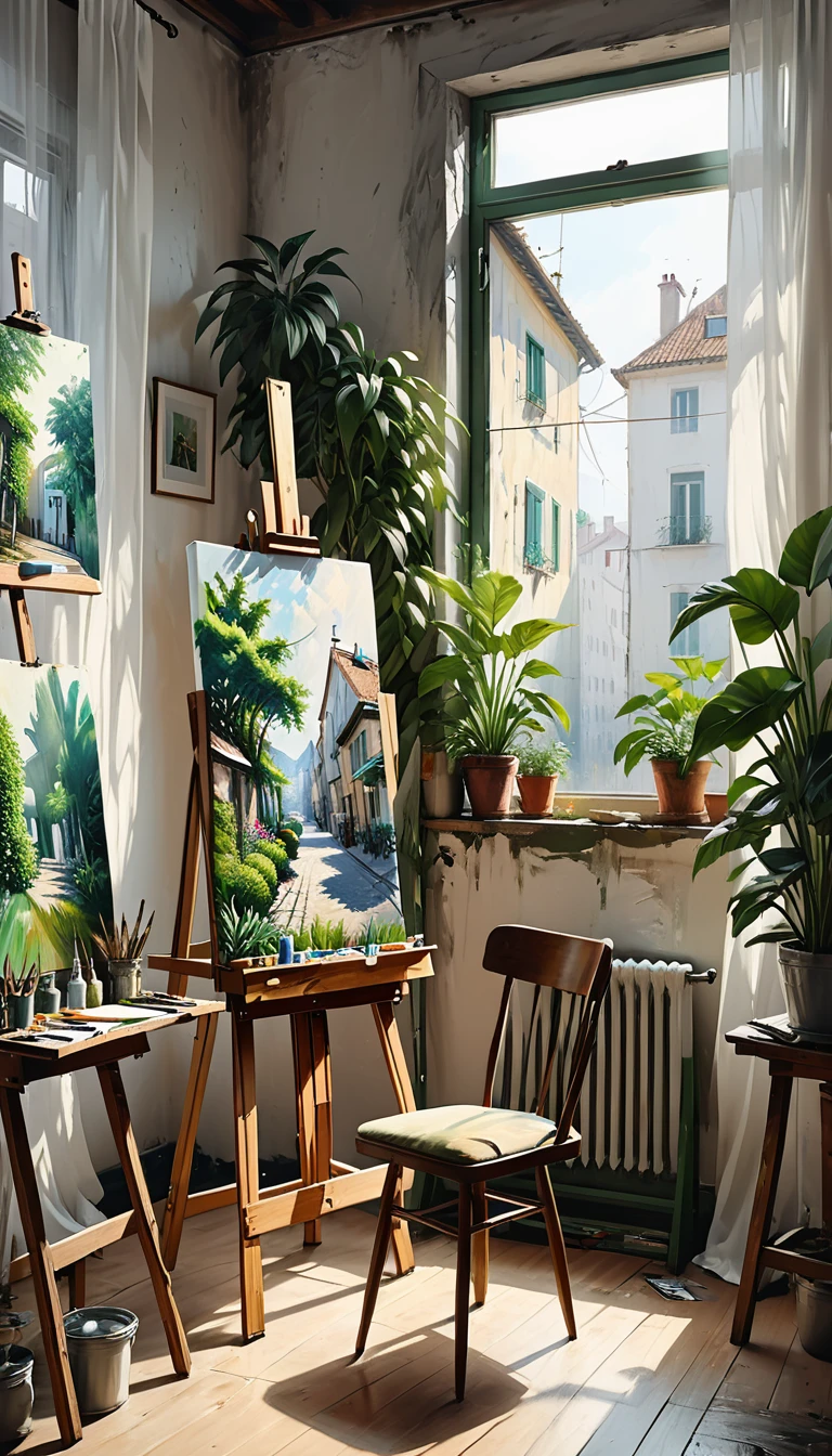 paintings hang on the walls,easel, paintings, abstraction, minimalism, artist's studio, artist's workshop, brushes, paints, chair near the easel, window to the street,White curtains fluttering,There are many green plants arranged in the room, 8k, hyperrealism, masterpiece, high resolution, best quality, ultra-detailed, super realistic, Hyperrealistic art, high-quality, ultra high res, highest detailed, lot of details, Extremely high-resolution details, incredibly lifelike, colourful, soft cinematic light,