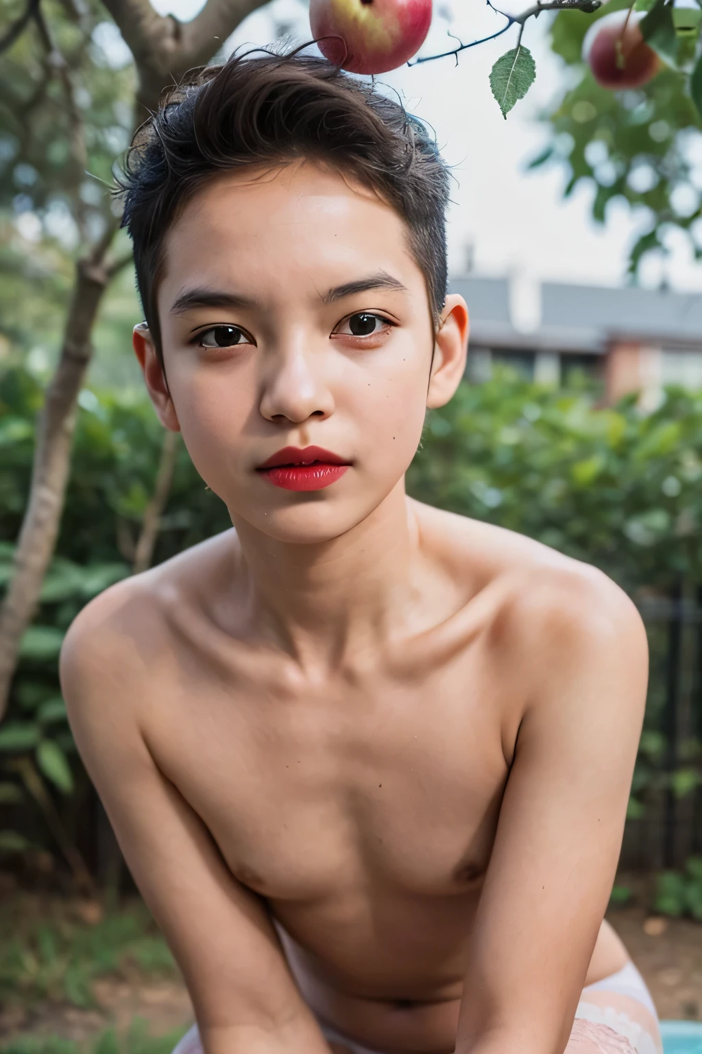 ((9x-UltraSharp)), ((SMALL HEAD)), ((NECK LACE)), Spread, ((SLEEPING LIE DOWN FEMBOY)), (((SAD FACE EXPRESSION:1.1)), ((NECK LACE)), ((GOTHIC EYELASHES & LIPS)), ((LIPS)), ((MEN'S STYLE SHORTHAIRCUT)), adorable, 1 girl, (face to face), (()), baby face, hf body portrait, (face details: 1), (eye details: 1), ((tiny breasts)). ((Strapless)), ((net stockings)), Strapless ((red lips)), (((LIGHT PINK NAKED))), SIT ON THE APPLE TREE , ((naked:1))