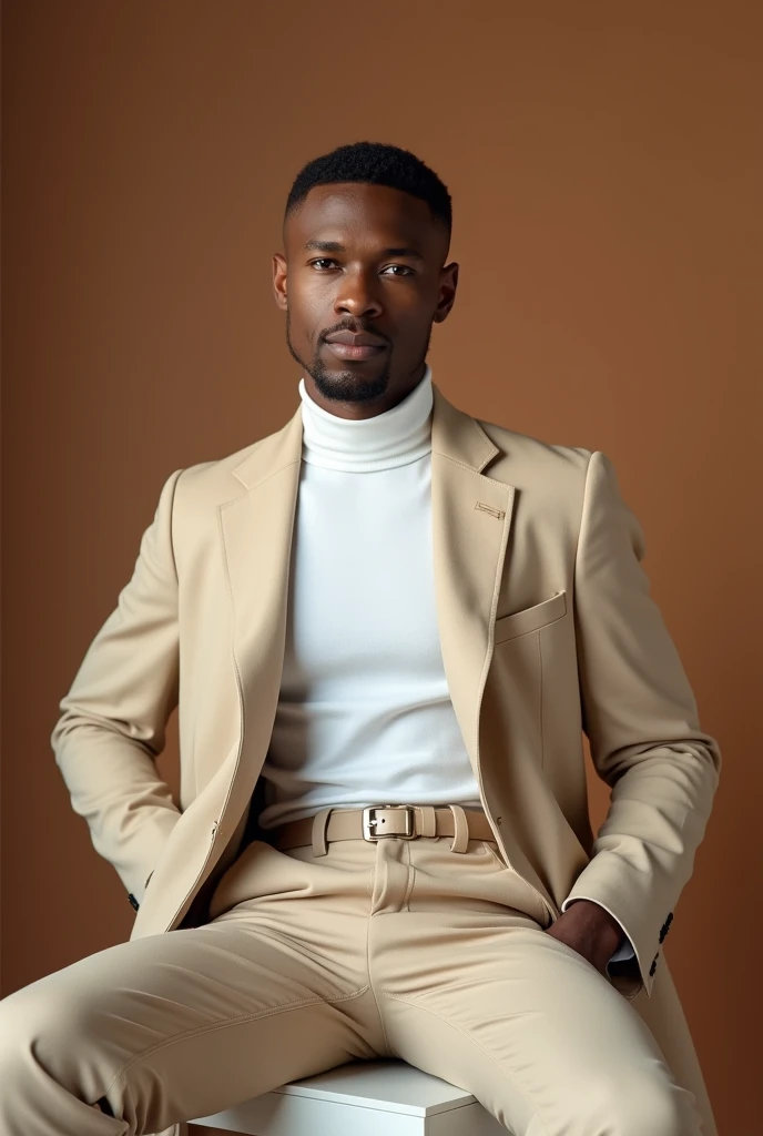 best qualityer:1.4), (ultra high resolution:1.2), (photorrealistic:1.4), (8k, CRU photo:1.2), a thin young man of 20 years old, light brown skin color, with a smooth, beardless face, short American haircut on the sides and top, he is wearing a white turtleneck shirt and a beige coat over it, is wearing beige dress pants, is sitting on a white chair, is in a photography studio with a brown background