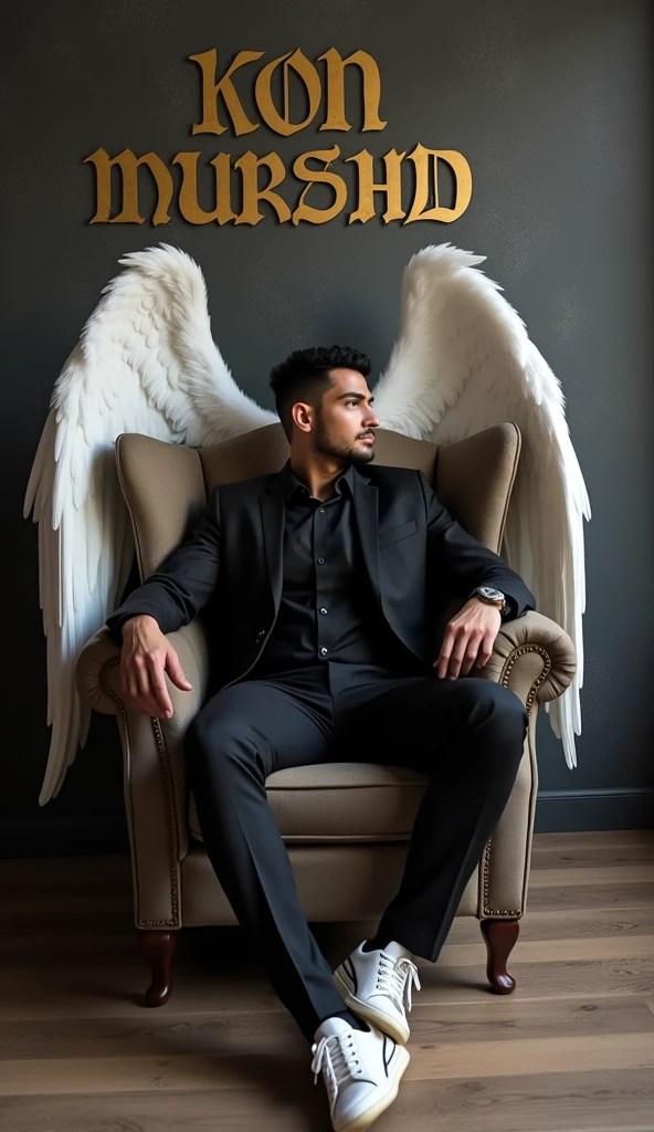 Create a realistic image for a profile picture where a 27 year old “Man”,With a Black suit, casually on a wings back chair, wearing sneakers a white,, the background features “Kon Murshid ? in big and capital letters gothic,calligraphy font on the back wall, there should not be his shadow and there are wings to make it appear as if he is angel. full ultra high detail realisitic qulaity
