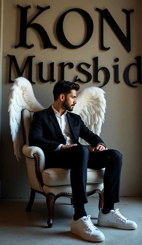 Create a realistic image for a profile picture where a 27 year old “Man”,With a Black suit, casually on a wings back chair, wearing sneakers a white,, the background features “Kon Murshid ? in big and capital letters gothic,calligraphy font on the back wall, there should not be his shadow and there are wings to make it appear as if he is angel. full ultra high detail realisitic qulaity