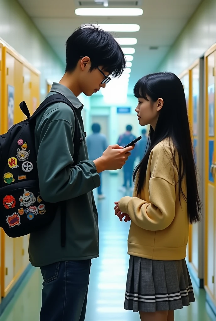 A nerdy guy ignoring a girl in the hallway of a Seoul school and the girl has a crush on him, bet, he avoids her.