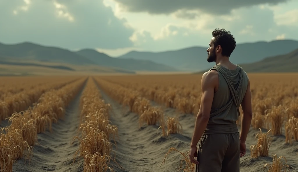 In 3D animation style:A barren field where crops have failed, with Ramū looking dejected as he surveys the damage.