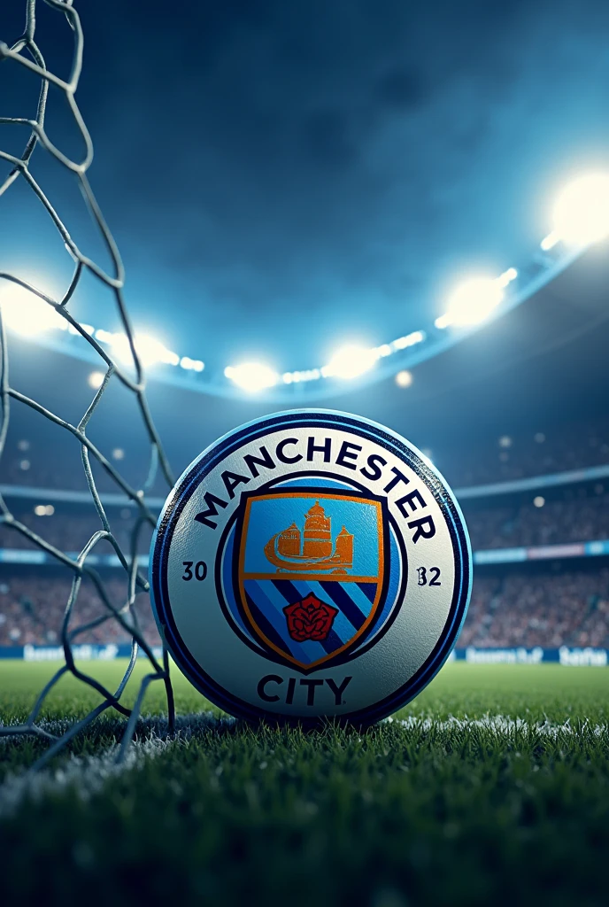Manchester city football crest with the name ball in the net inside it