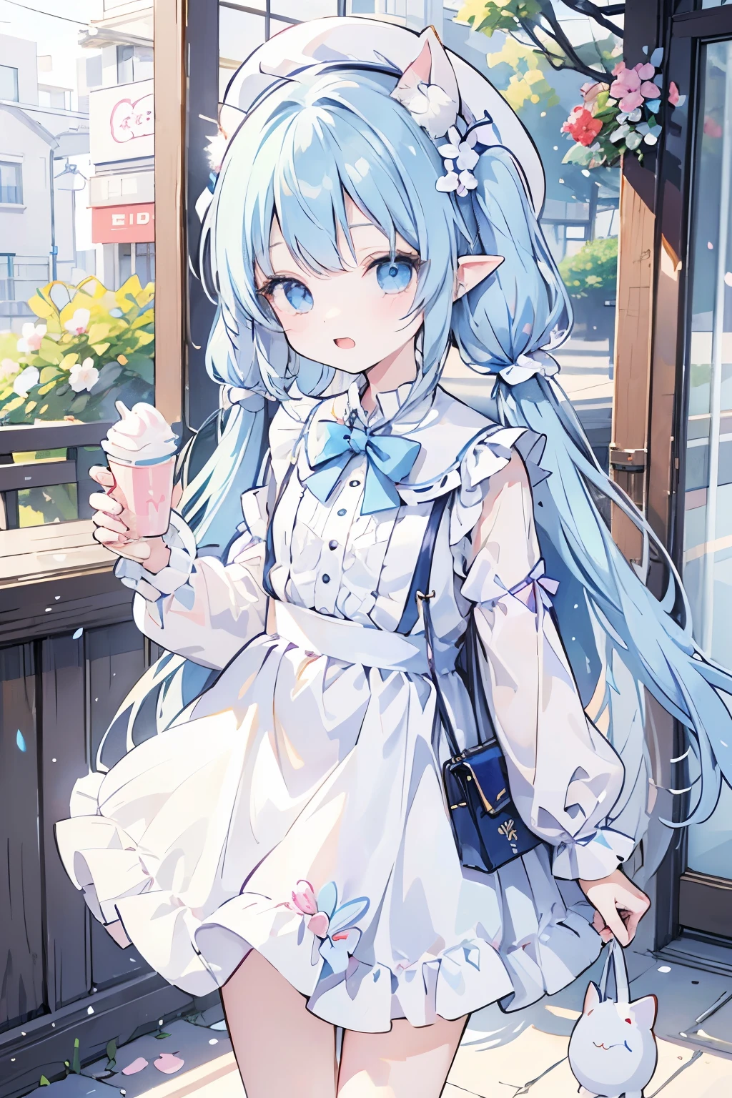 anime、pastel、Very young、child、6 years old、Very short、Open your mouth、Laugh out loud、Showing teeth、Double teeth、pastelホワイトの髪、Stray hair、long、Short pigtails、Flower Hair Ornaments、fluffy ears、Dropped ears、Fluffy tail、azure blue eyes、Odd Eye、Cute eyes、Wide open eyes、Cheeky cheeks、Slender body、Cool clothes、Wearing a white dress、Thighs、Outdoor、Cute Girlfriend、happy、Frolic innocently、Small hat、Small bag、Colorful flowers、Going out、Cafe