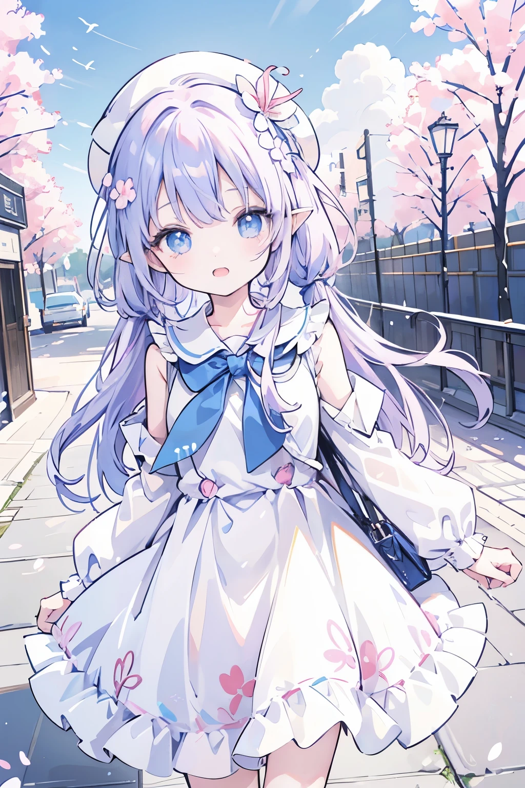 anime、pastel、Very young、child、6 years old、Very short、Open your mouth、Laugh out loud、Showing teeth、Double teeth、pastelホワイトの髪、Stray hair、Braided Short、Flower Hair Ornaments、fluffy ears、Dropped ears、Fluffy tail、azure blue eyes、Odd Eye、Cute eyes、Wide open eyes、Cheeky cheeks、Slender body、Cool clothes、Wearing a white dress、Thighs、Outdoor、Cute Girlfriend、happy、Frolic innocently、Small hat、Small bag、Colorful flowers、In front of the entrance、Going out