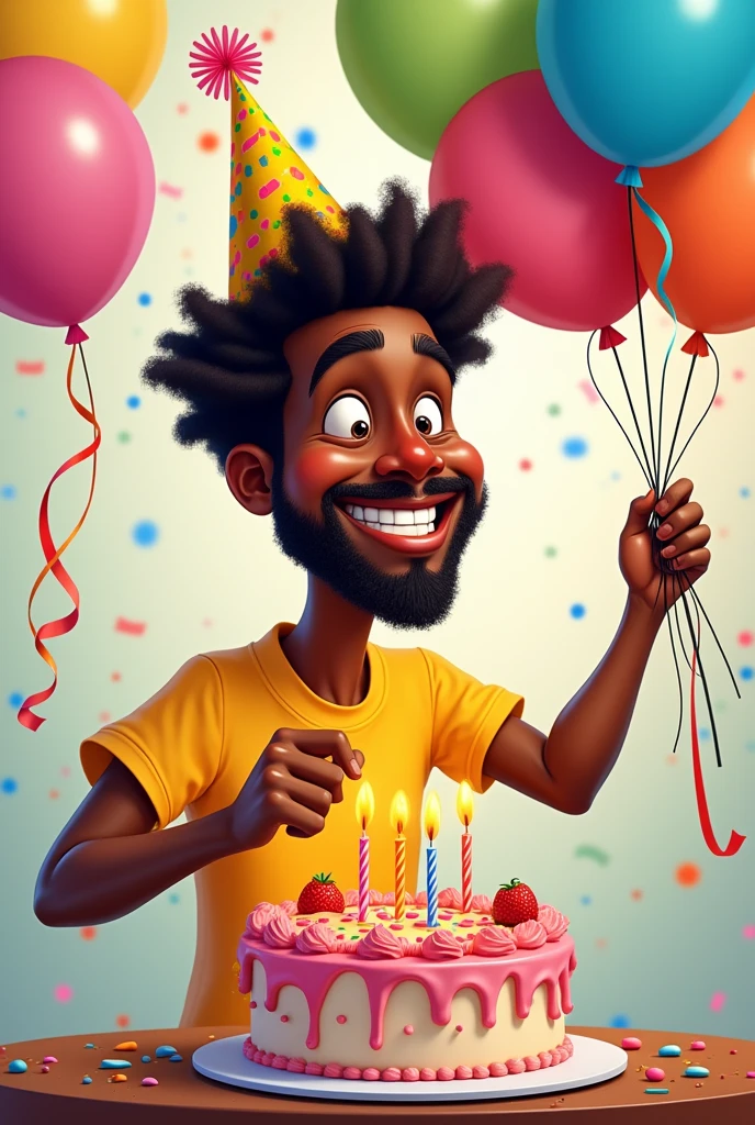 Young dark-skinned man with balloons blowing a cake and with a hat on his head Caricature