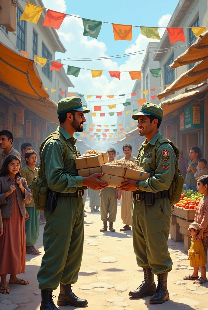 Civil-Military Relations:
"Illustrate the interaction between the Pakistani Army and civilians. Show collaborative efforts, community support, and the impact of Pakistan military presence in civilian life."