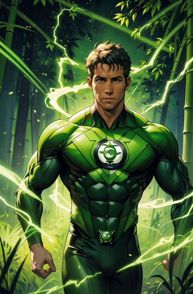 A man in a green lantern costume hovering within the bamboo forest, portrait of Ryan Reynolds as Green Lantern, 8k, hyper detailed, photorealistic, masterpiece, vibrant colors, dynamic lighting, cinematic composition, intricate details, lush foliage, dramatic shadows, powerful hero pose