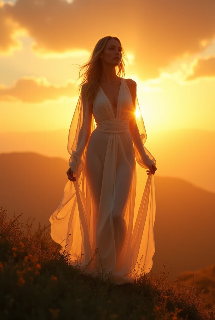 Goddess of the morning, Bela, radiant, a mysterious air, clear clothing, background sun portraying all the majesty of the character