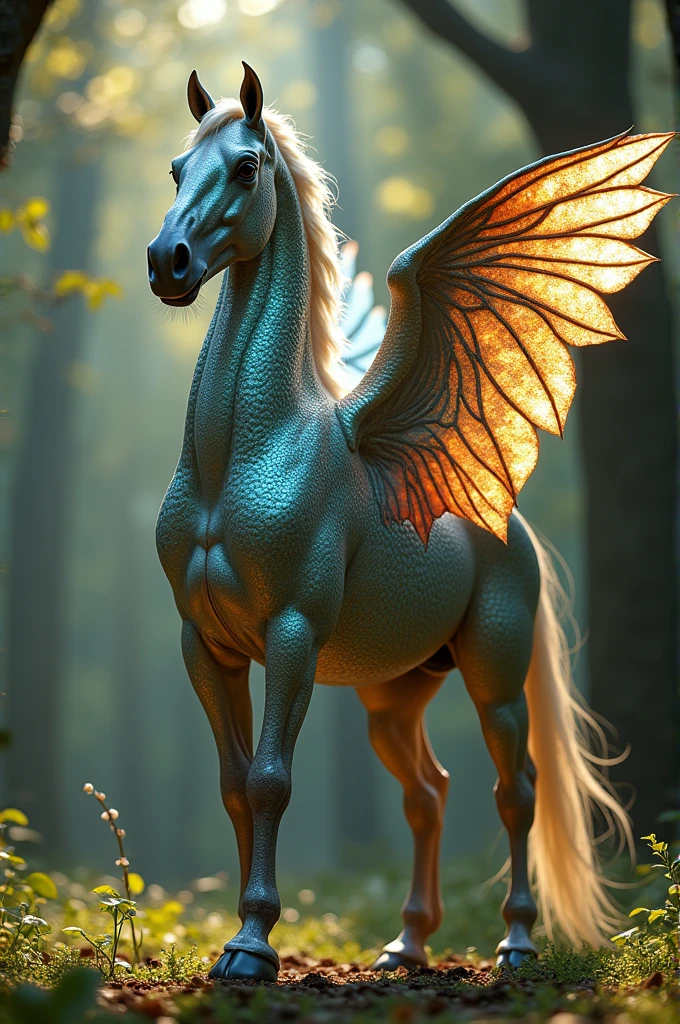 Realistic horse with wings and fish scales and snake eyes