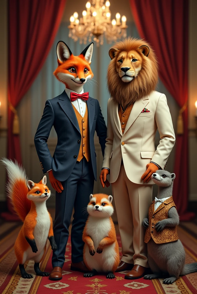 A fox,A bird ,a lion ,a vicuña and an otter ,All these people standing in suits posing for a photo 
