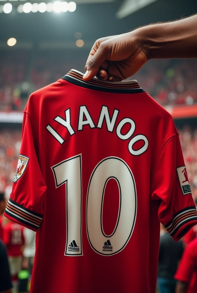 A Manchester united jersey written iyanoo with the number 10 on the back of the t shirt with a brownskin hand holding the shirt