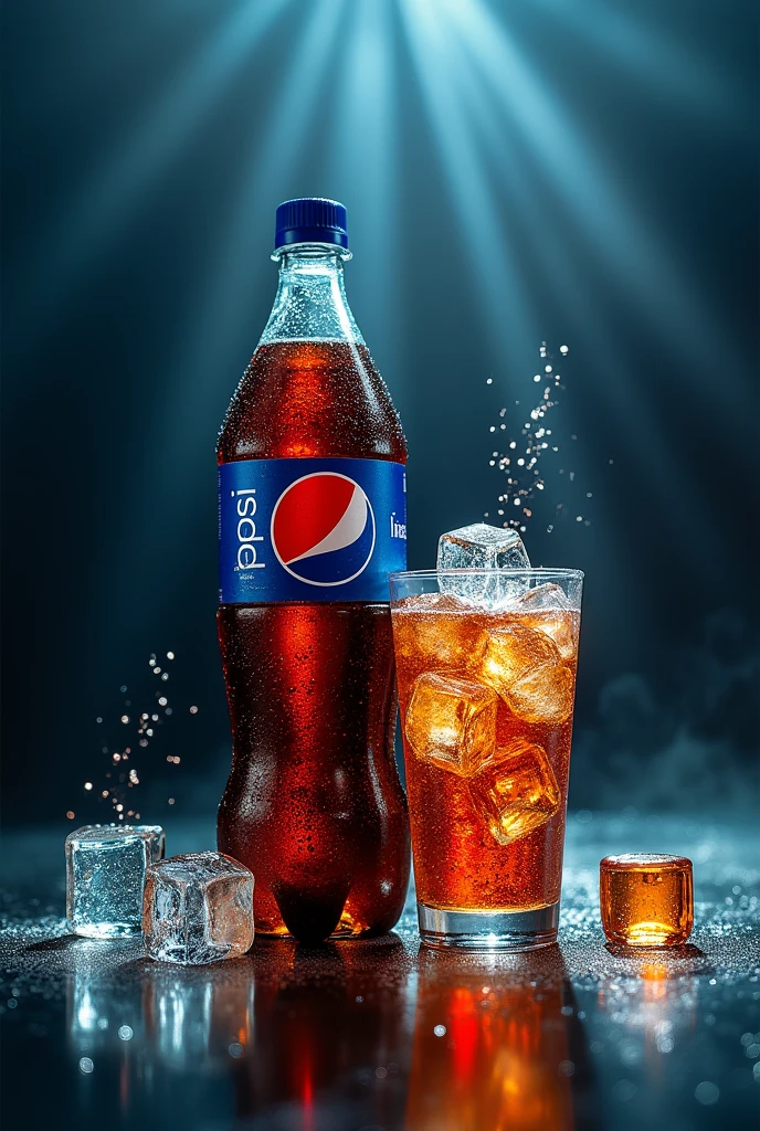 A returnable 1 liter bottle of Pepsi on a glass table, cold and refreshing, dripping water, water splash surrounded, add a glass of soda, a few ice cubes in the glass, Foggy, dark scene, cinematic light, Photography, realist, volumetric lighting, super details